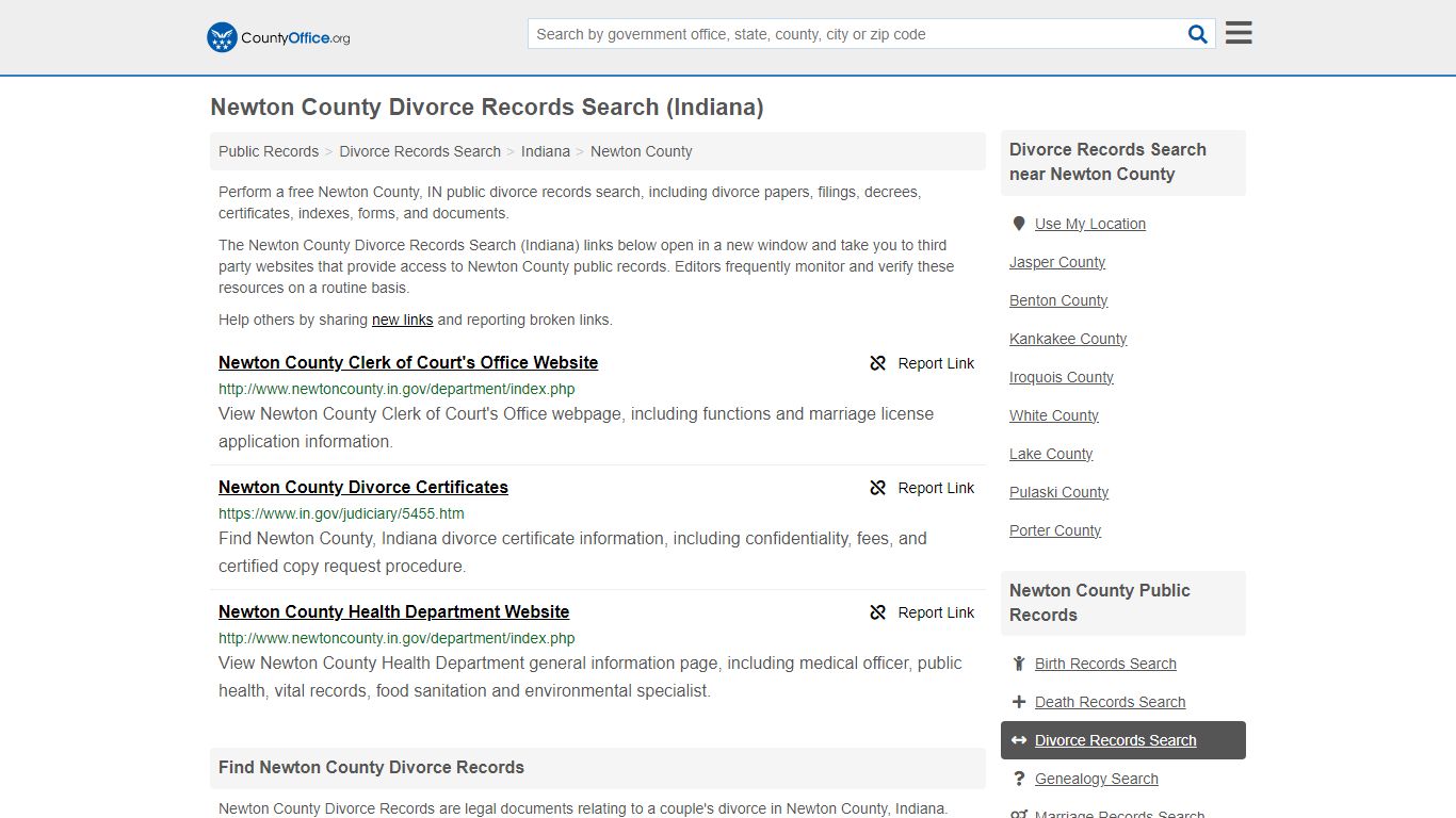 Newton County Divorce Records Search (Indiana) - County Office